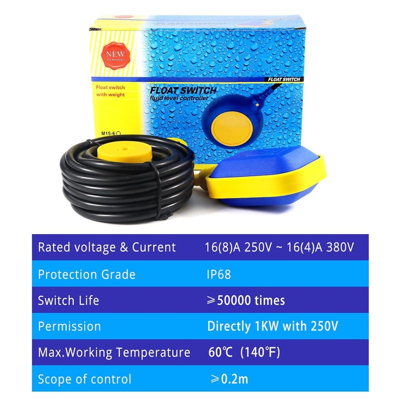 Mamfous Float Switch, 220V 16A Waterproof Tethered Float Switch & Liquid Level Controller with Cable for Water Tank, Sump Pump, Septic Tank, Pool, Pond, Aquarium(19.68ft(6M)) - Image 3